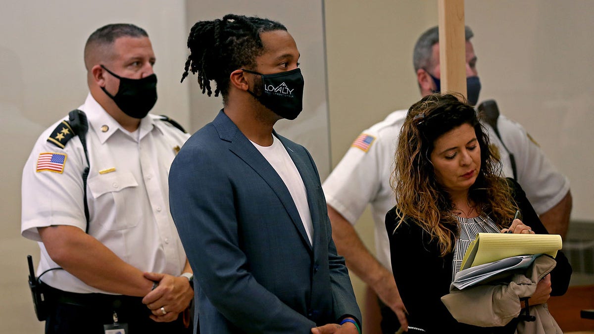 QUINCY MA - October 26: Former New England Patriot Patrick Chung during his arraignment at Quincy District Court for domestic violence charges involving the mother of one of his children on October 26, 2021 in Quincy, Massachusetts.