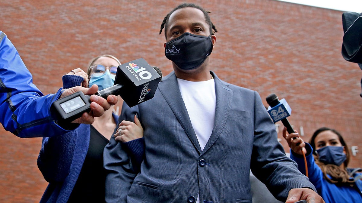 QUINCY MA - October 26: Former New England Patriot Patrick Chung leaves Quincy District Court after his arraignment on domestic violence charges involving the mother of one of his children on October 26, 2021 in Quincy, Massachusetts.