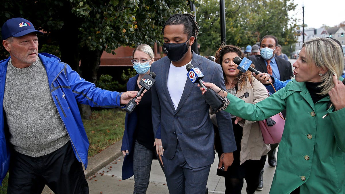 QUINCY MA - October 26: Former New England Patriot Patrick Chung leaves Quincy District Court after his arraignment on domestic violence charges involving the mother of one of his children on October 26, 2021 in Quincy, Massachusetts.