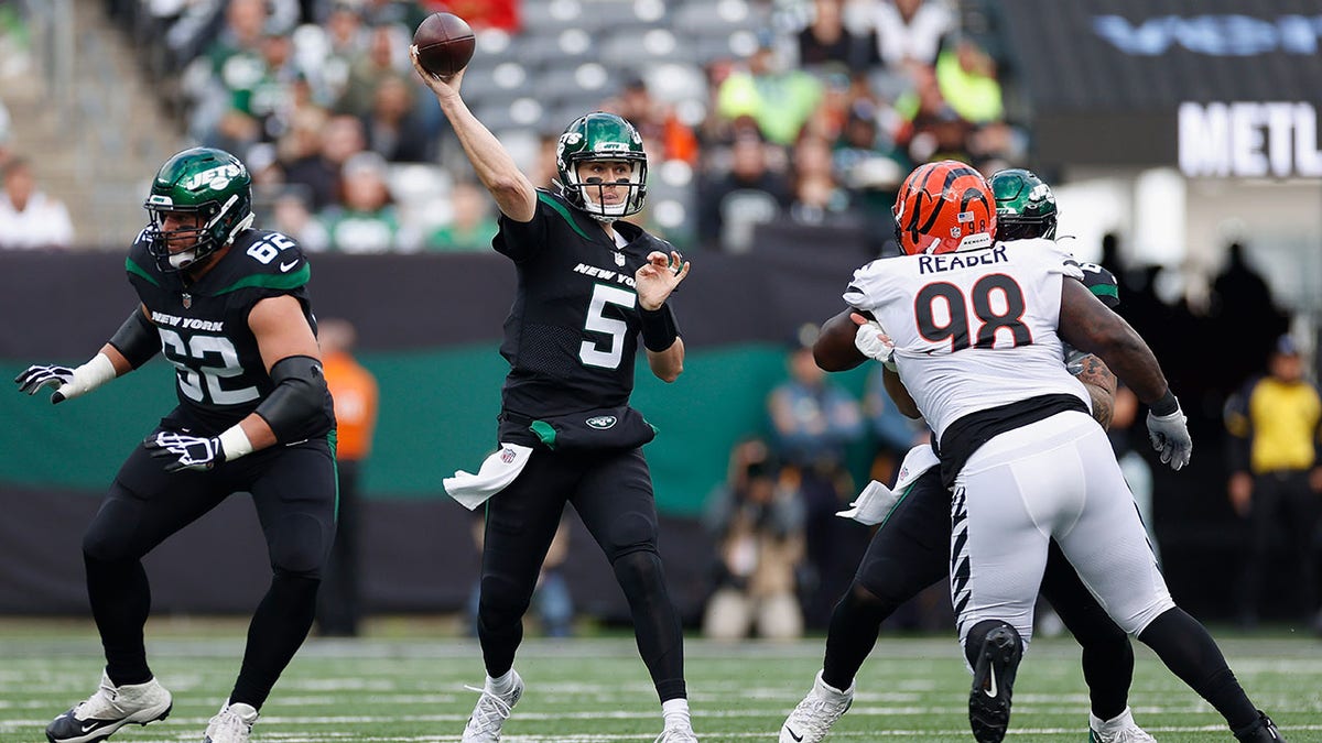 Mike White of the New York Jets during the first half in his first career start against the Cincinnati Bengals at MetLife Stadium on Oct. 31, 2021, in East Rutherford, New Jersey.
