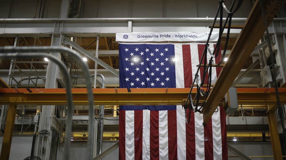 An American flag hangs inside the General Electric Co. (GE) energy plant in Greenville, South Carolina, U.S., on Tuesday, Jan. 10, 2017. General Electric Co. is scheduled to release earnings figures on January 20. Photographer: Luke Sharrett/Bloomberg via Getty Images