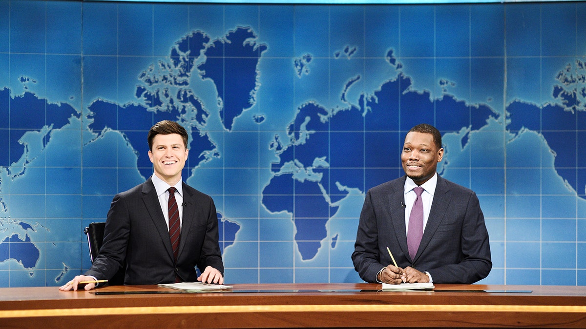 "Saturday Night Live" Weekend Update co-anchors Colin Jost, left, and Michael Che are seen May 19, 2018.