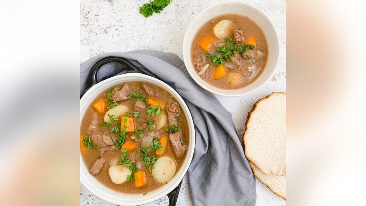 This beef stew recipe includes diced beef, brown onions, carrots and potatoes.