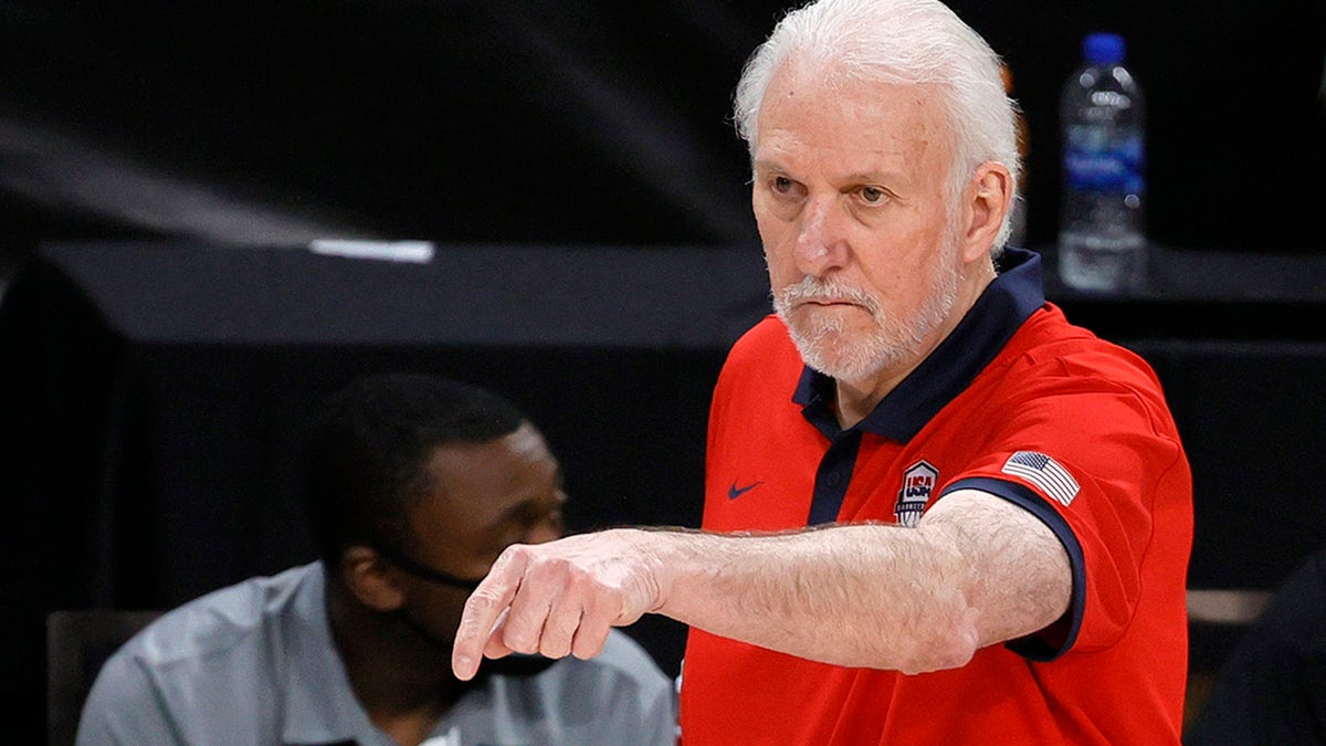Head coach Gregg Popovich of the United States gestures during an exhibition game against Spain at Michelob ULTRA Arena ahead of the Tokyo Olympic Games on July 18, 2021 in Las Vegas, Nevada. The United States defeated Spain 83-76. 