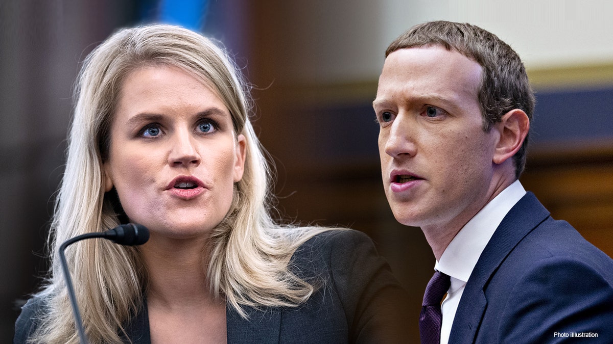 This photo illustration shows Frances Haugen, a former Facebook employee, testifying Tuesday at a Senate subcommittee hearing, and Mark Zuckerberg, chief executive officer and founder of Facebook Inc., speaking on Capitol Hill on Oct. 23, 2019.<strong> </strong>