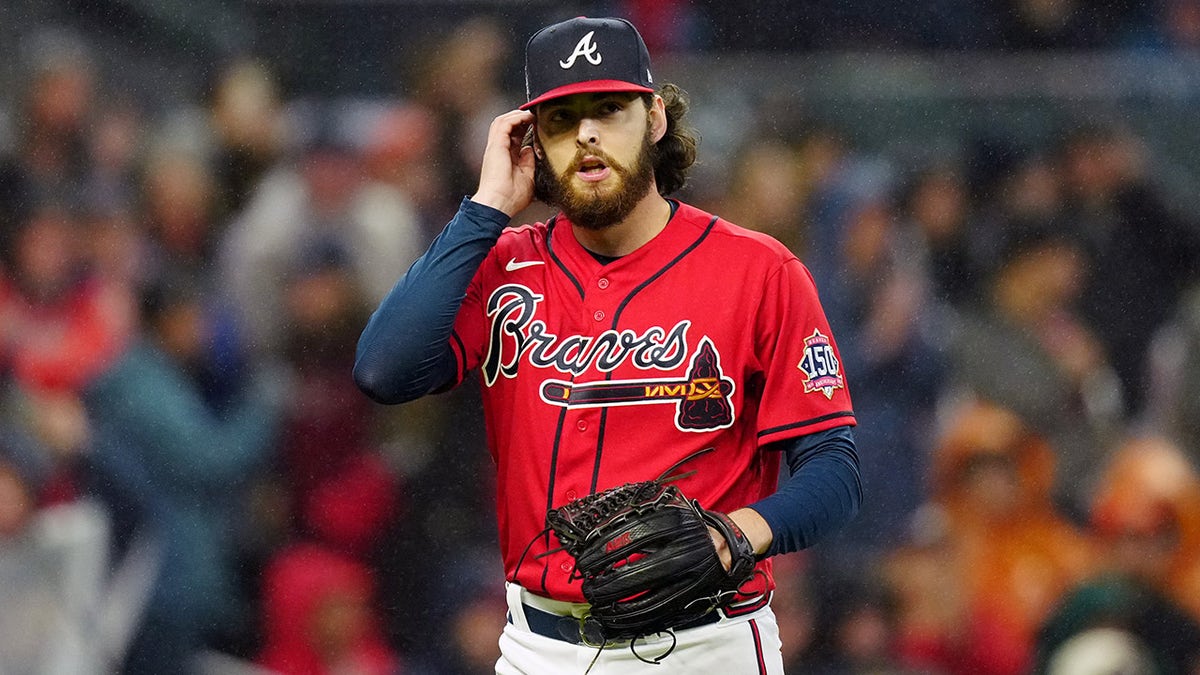 ATLANTA, GA - OCTOBER 29:  Ian Anderson  #36 of the Atlanta Braves walls back to the dugout during Game 3 of the 2021 World Series between the Houston Astros and the Atlanta Braves at Truist Park on Friday, October 29, 2021 in Atlanta, Georgia.