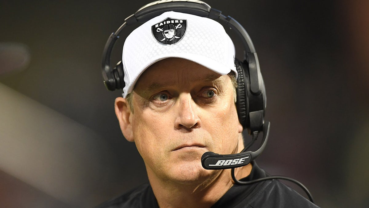 Head coach Jack Del Rio of the Oakland Raiders looks on from the sidelines against the Kansas City Chiefs during their NFL football game at Oakland-Alameda County Coliseum on Oct. 19, 2017, in Oakland, California. 