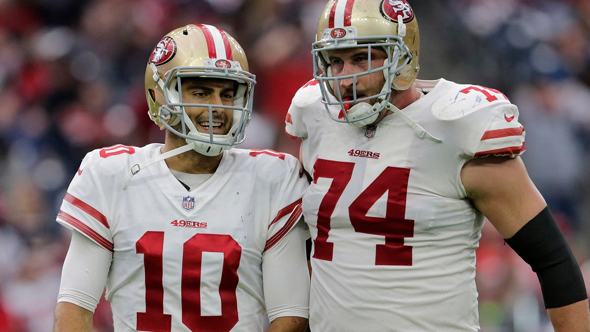 Jimmy Garoppolo (10) of the San Francisco 49ers with Joe Staley in the second half against the Houston Texans at NRG Stadium on Dec. 10, 2017 in Houston.