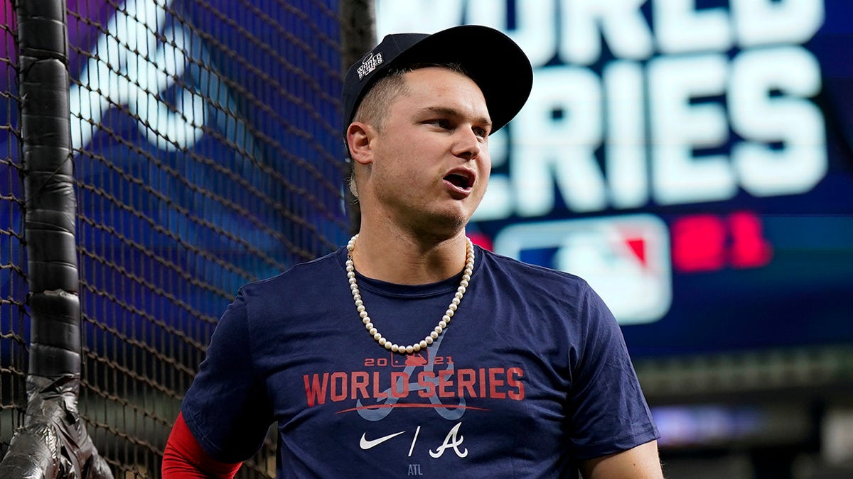 Atlanta Braves right fielder Joc Pederson watches during batting practice Monday, Oct. 25, 2021, in Houston, in preparation for Game 1 of baseball's World Series tomorrow between the Houston Astros and the Atlanta Braves.