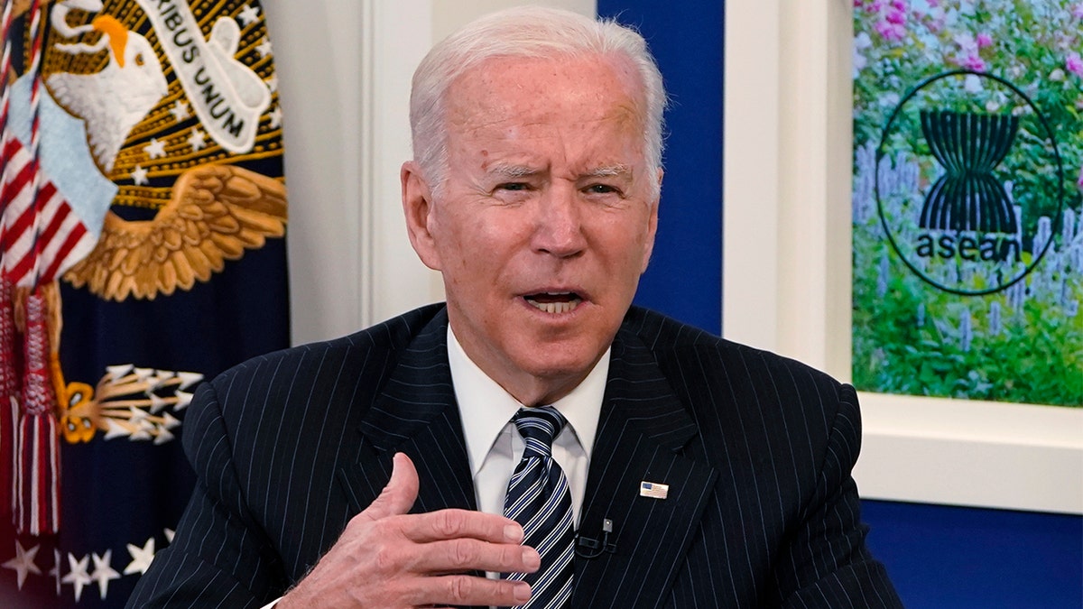 President Biden participates virtually in the U.S.-ASEAN Summit from the South Court Auditorium on the White House complex in Washington, Tuesday, Oct. 26, 2021.