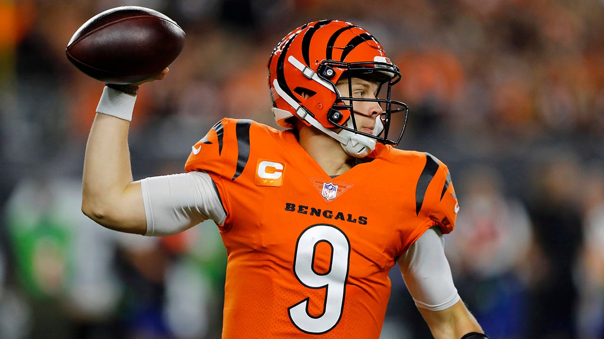 Sep 30, 2021; Cincinnati, Ohio, USA; Cincinnati Bengals quarterback Joe Burrow (9) throws during the first quarter against the Jacksonville Jaguars at Paul Brown Stadium.