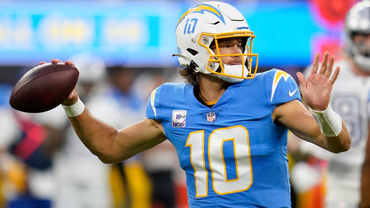 Los Angeles Chargers defensive tackle Jerry Tillery reacts during the first  half of an NFL football game against the Las Vegas Raiders, Monday, Oct. 4,  2021, in Inglewood, Calif. (AP Photo/Marcio Jose