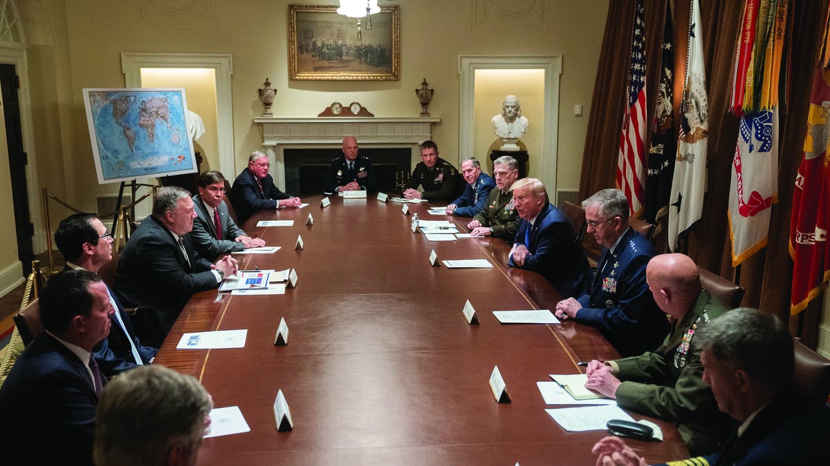 President Donald J. Trump, joined by Secretary of State Mike Pompeo, meets with senior military leadership and national security team members Saturday, May 8, 2020, in the Cabinet Room of the White House. (Official White House Photo by Joyce N. Boghosian)