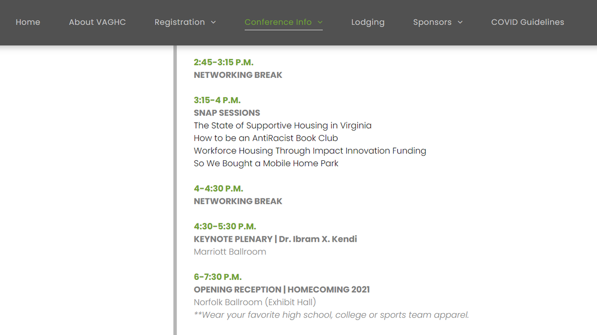 Virginia Governor's Housing Conference schedule screenshot.
