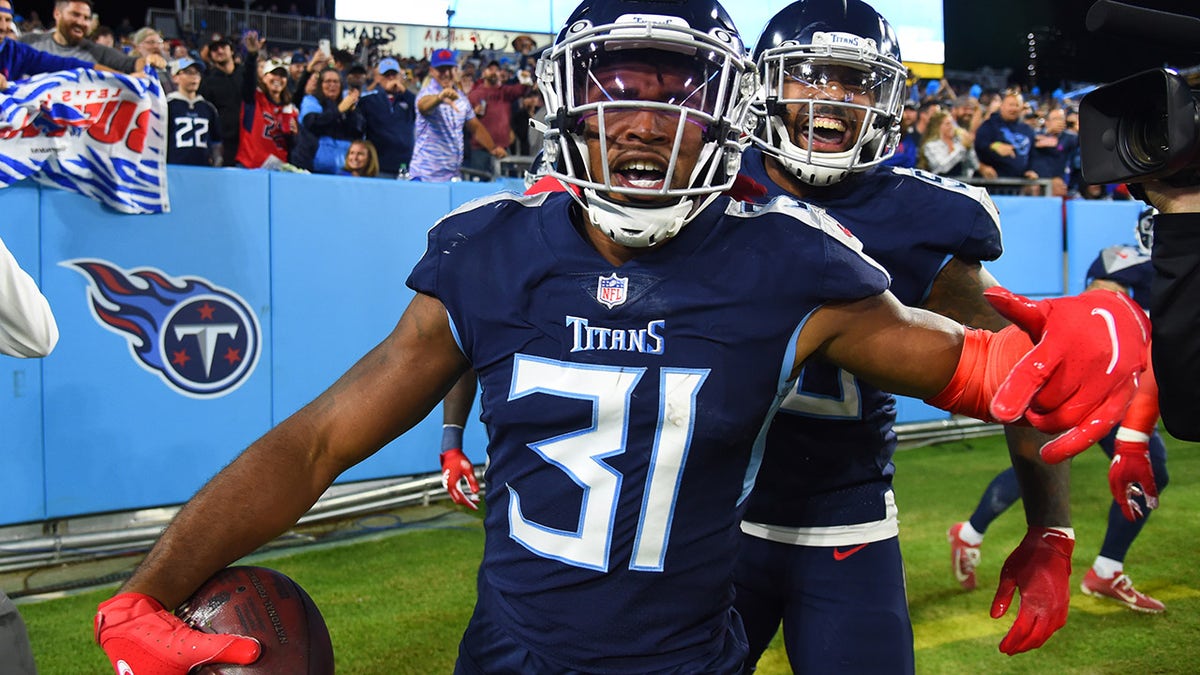 Oct 18, 2021; Nashville, Tennessee, USA; Tennessee Titans free safety Kevin Byard (31) celebrates after an interception during the first half against the Buffalo Bills at Nissan Stadium.