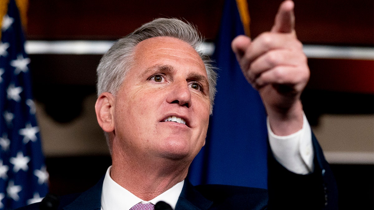 House Minority Leader Kevin McCarthy of Calif. takes a question from a reporter during his weekly press briefing on Capitol Hill, Thursday, Sept. 30, 2021, in Washington.