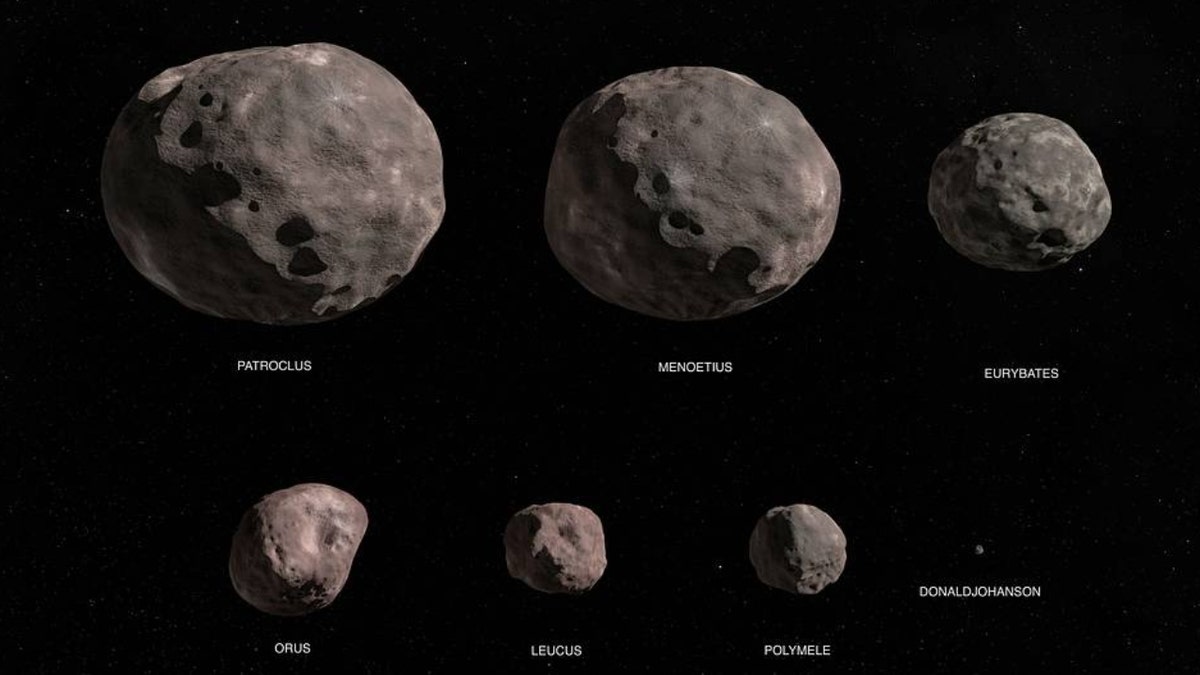 NASA's Lucy mission will explore a record-breaking number of asteroids, flying by one asteroid in the solar system’s main asteroid belt, and by seven Trojan asteroids.This illustration is of the Lucy mission's seven targets: the binary asteroid Patroclus/Menoetius, Eurybates, Orus, Leucus, Polymele, and the main belt asteroid DonaldJohanson.