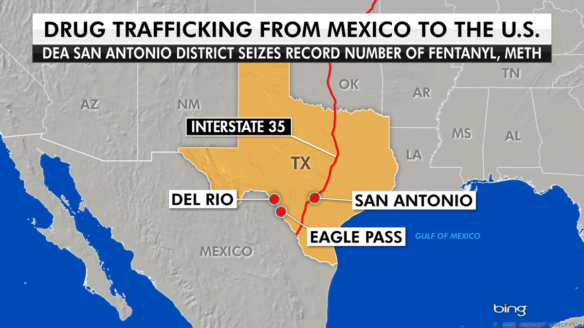 Interstate 35 runs from Texas all the way up to Minnesota. Drug traffickers smuggle drugs across the southwest border to bigger cities like San Antonio. (Graphic by Fox News)