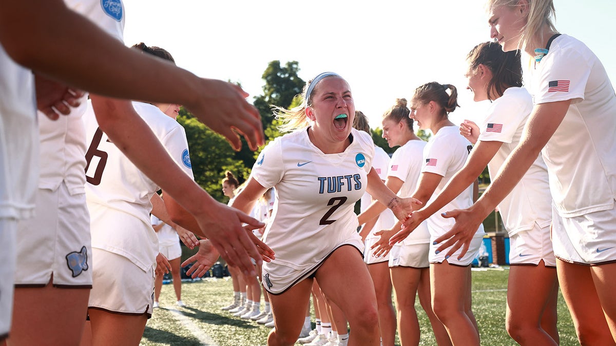 Madie Nicpon #2 of the Tufts Jumbos is introduced before their game against the Salisbury Seagulls during the Division III Women's Lacrosse Championship held at Kerr Stadium on May 23, 2021 in Roanoke, Virginia. (Photo by Grant Halverson/NCAA Photos via Getty Images)