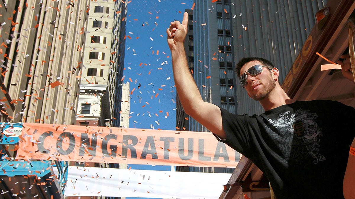 Madison Bumgarner of the San Francisco Giants celebrates during the Giants' vicotry parade on Nov. 3, 2010 in San Francisco, California. Thousands of Giants fans lined the streets of San Francisco to watch the San Francisco Giants celebrate their 2010 World Series victory over the Texas Rangers.