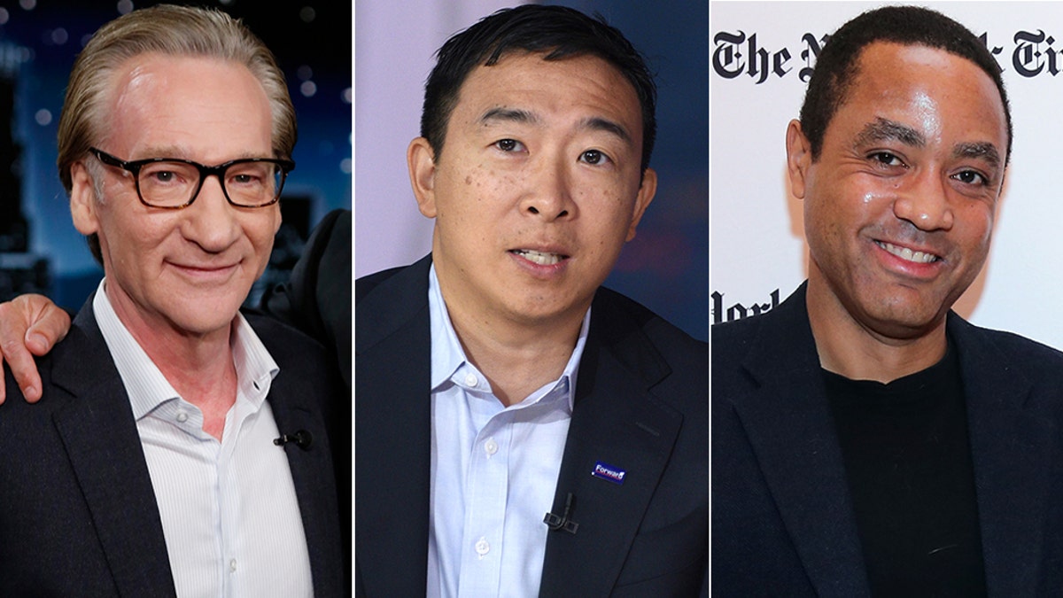 Bill Maher's guests on Friday included former presidential candidate Andrew Yang, center, and ‘Woke Racism’ author John McWhorter.