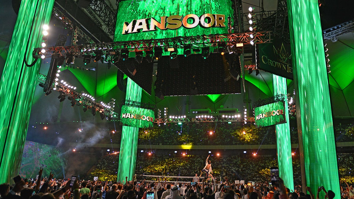 Mansoor makes his appearance during the World Wrestling Entertainment (WWE) Crown Jewel pay-per-view in Riyadh on Oct. 31, 2019.