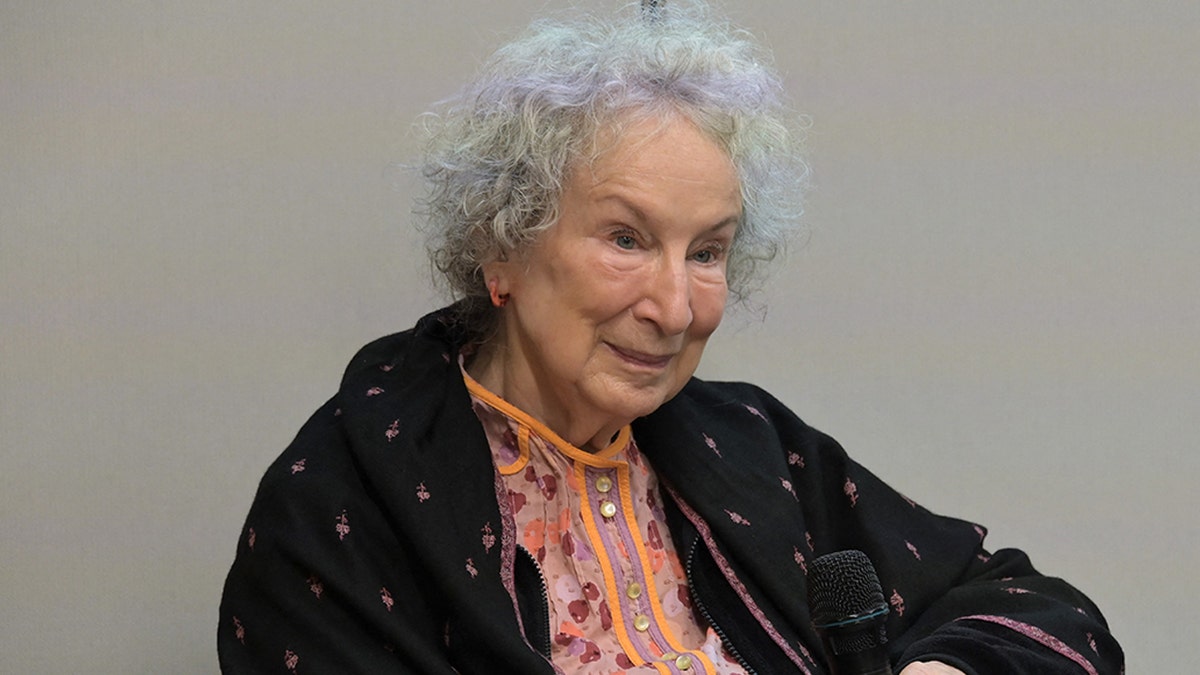 Margaret Atwood interviewed at a press conference,