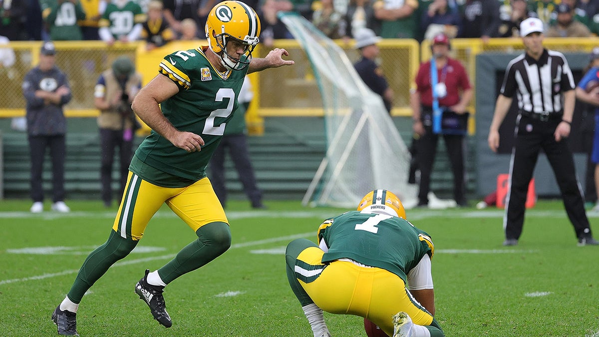 Mason Crosby #2 of the Green Bay Packers kicks a field goal during a game against the Pittsburgh Steelers at Lambeau Field on October 03, 2021 in Green Bay, Wisconsin.