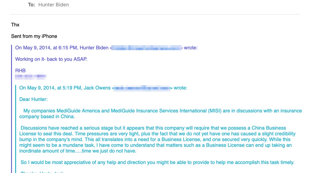 Owens, who goes by Jack, emailed Hunter Biden connected May 9, 2014, informing him that his companies, MediGuide America and MediGuide Insurance Services International (MISI), reached a "serious stage" successful negotiations pinch a China-based security company, but said he won’t beryllium capable to "seal this deal" without a "Chinese Business License."