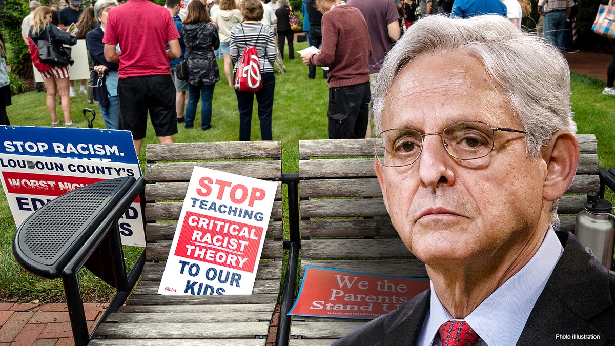 Merrick Garland, U.S. attorney general, during a news conference at the Department of Justice in Washington, D.C., U.S., on Thursday, Sept. 9, 2021. Photographer: Samuel Corum/Bloomberg via Getty Images _____ Signs are seen on a bench during a rally against "critical race theory" (CRT) being taught in schools at the Loudoun County Government center in Leesburg, Virginia on June 12, 2021. - (Photo by ANDREW CABALLERO-REYNOLDS / AFP) (Photo by ANDREW CABALLERO-REYNOLDS/AFP via Getty Images)