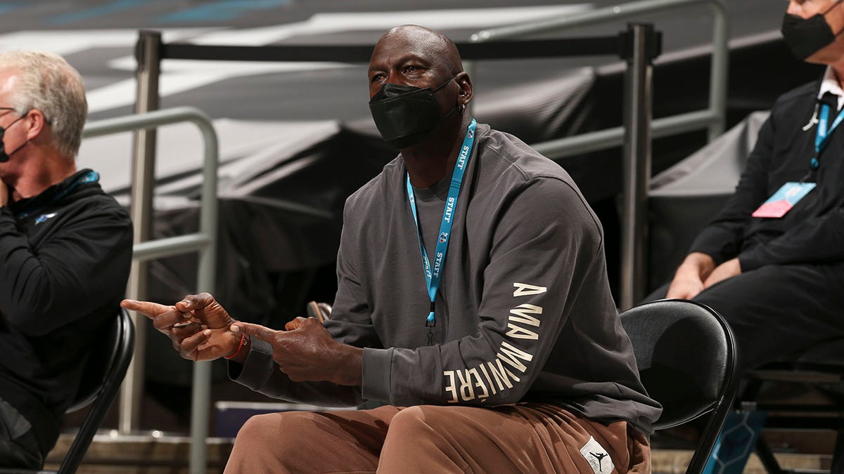 Chairman Michael Jordan of the Charlotte Hornets looks on during the game against the Detroit Pistons on March 11, 2021, at Spectrum Center in Charlotte, North Carolina.