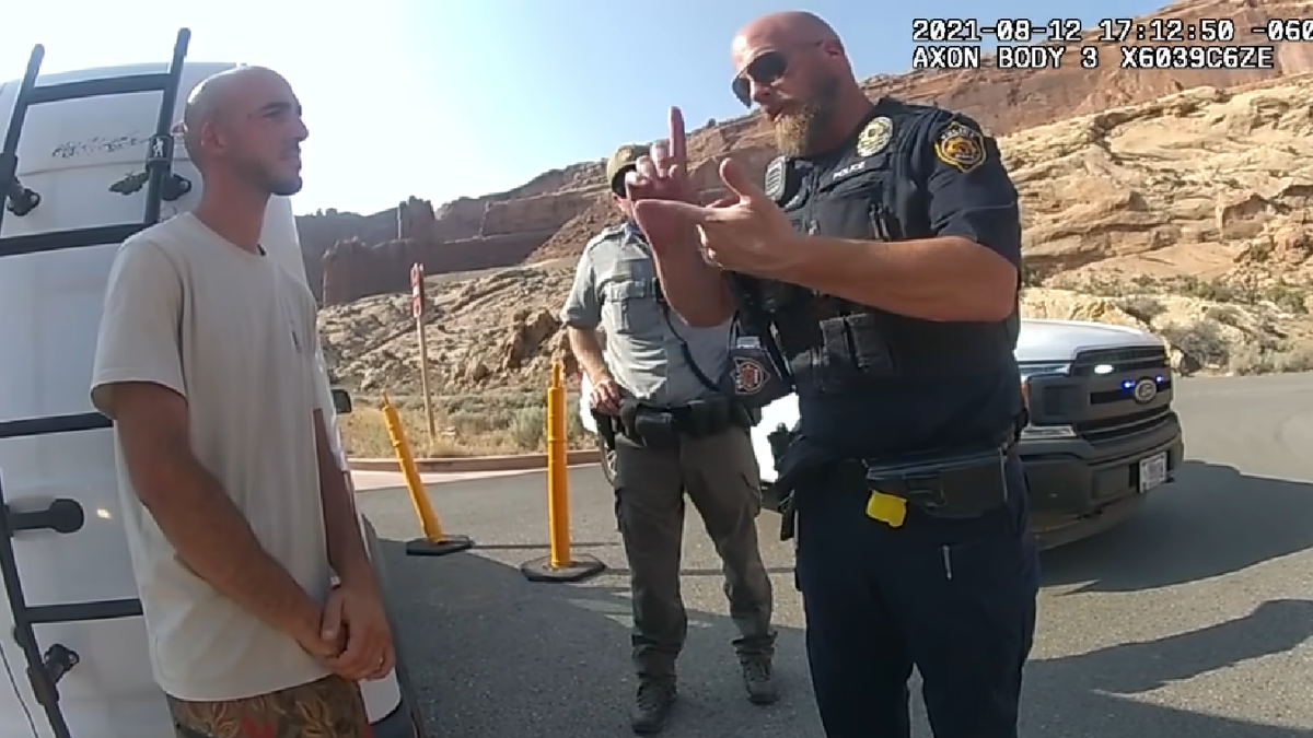 Moab Police Officer Eric Pratt, in bodycam footage released by investigators, is seen speaking to Brian Laundrie on Aug. 12. (Moab City Police Department)