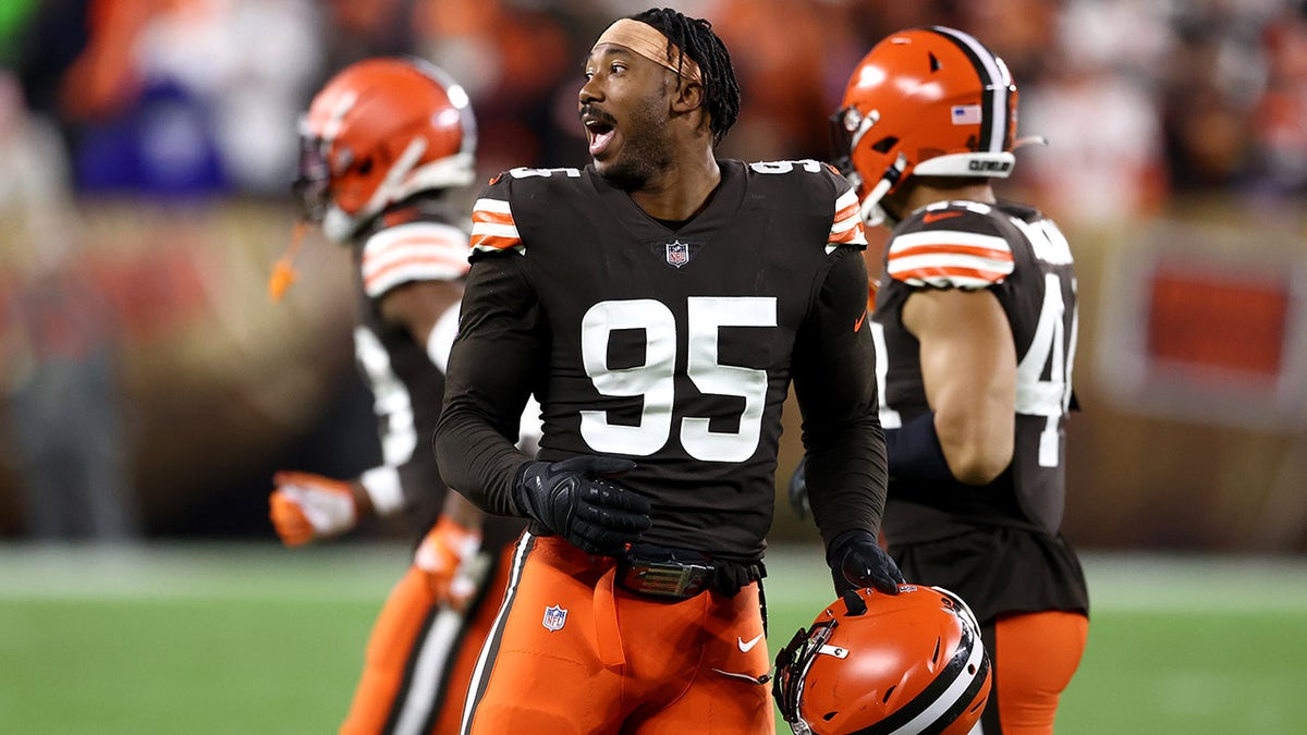 Defensive end Myles Garrett of the Cleveland Browns reacts to a first half play against the Denver Broncos at FirstEnergy Stadium on Oct. 21, 2021, in Cleveland, Ohio.