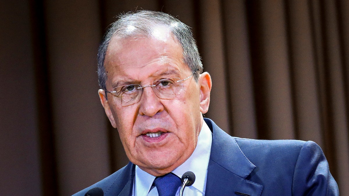 Russian Foreign Minister Sergey Lavrov speaks on the side of the meeting dedicated to the 25th anniversary of the House of Russian Diaspora named after Alexander Solzhenitsyn in Moscow, Russia on Monday.