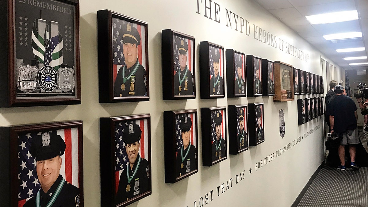 The 9/11 memorial wall, "23 Remembered," situated inside the Police Benevolent Association of the City of New York's Manhattan headquarters. 