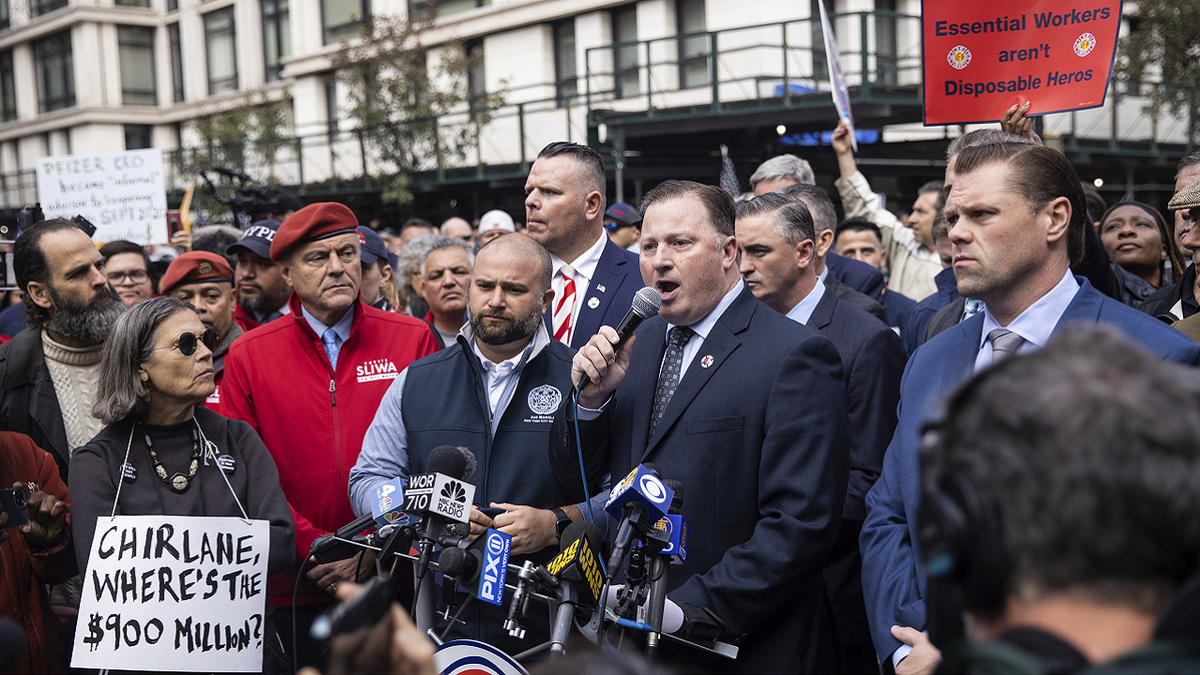 Uniformed Firefighters Association (UFA) President Andrew Ansbro speaks during a protest outside the Gracie Mansion Conservancy against the coming COVID-19 vaccine mandate for city workers.