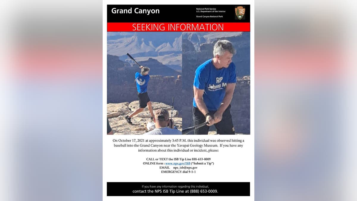 The Grand Canyon National Park posted this information on Facebook, looking to identify a man who hit a baseball into the Grand Canyon.