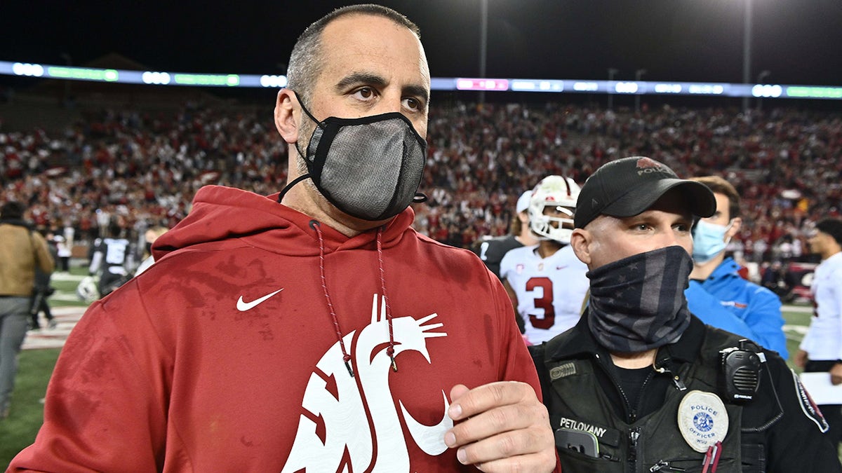 Oct 16, 2021; Pullman, Washington, USA; Washington State Cougars head coach Nick Rolovich celebrates after a game against the Stanford Cardinal at Gesa Field at Martin Stadium. The Cougars won 34-31.