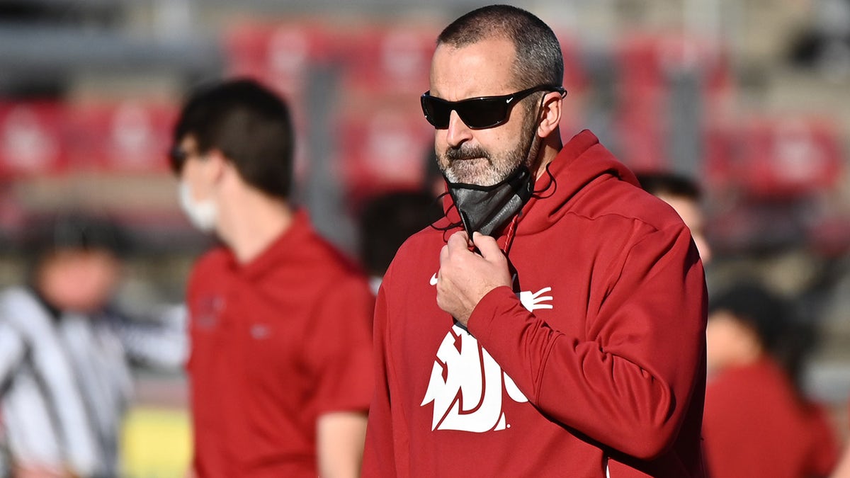 Oct 16, 2021; Pullman, Washington, USA; Washington State Cougars head coach Nick Rolovich looks on during warms before a game against the Stanford Cardinal at Gesa Field at Martin Stadium.