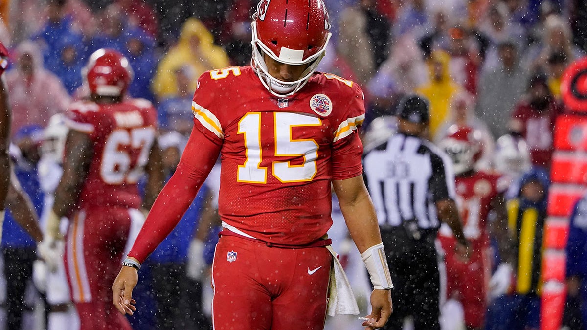 Kansas City Chiefs quarterback Patrick Mahomes hangs his head during the second half of an NFL football game against the Buffalo Bills Sunday, Oct. 10, 2021, in Kansas City, Mo.