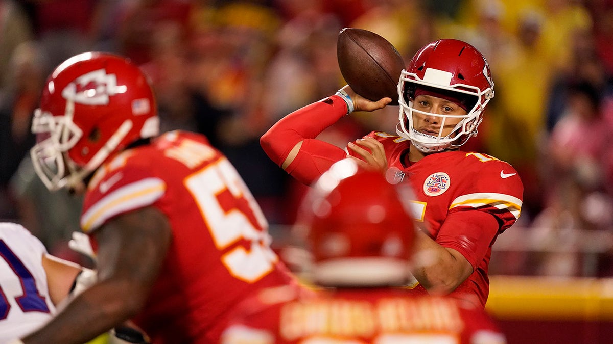 Kansas City Chiefs quarterback Patrick Mahomes throws during the second half of an NFL football game against the Buffalo Bills Sunday, Oct. 10, 2021, in Kansas City, Mo.