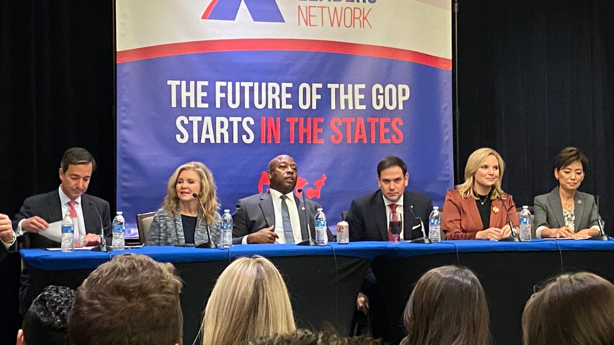 Former Puerto Rico Gov. Luis Fortuño, Sen. Marsha Blackburn, R-Tenn.; Sen. Tim Scott, R-S.C.; Marco Rubio, R-Fla.; Rep. Ashley Hinson, R-Iowa, and Rep. Young Kim, R-Calif., speak at an event for the Republican State Leadership Committee on Wednesday, Oct. 20, 2021. (Tyler Olson/Fox News)