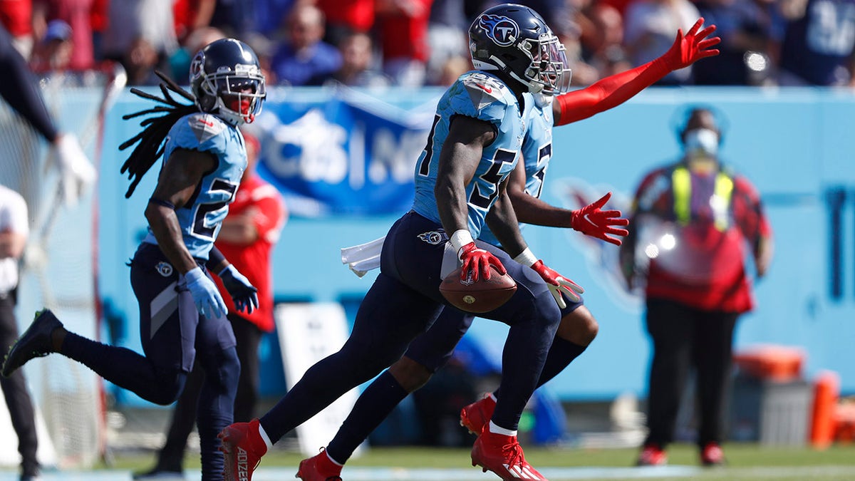 Tennessee Titans inside linebacker Rashaan Evans (54) celebrates after intercepting a pass against the Kansas City Chiefs in the first half of an NFL football game Sunday, Oct. 24, 2021, in Nashville, Tenn.