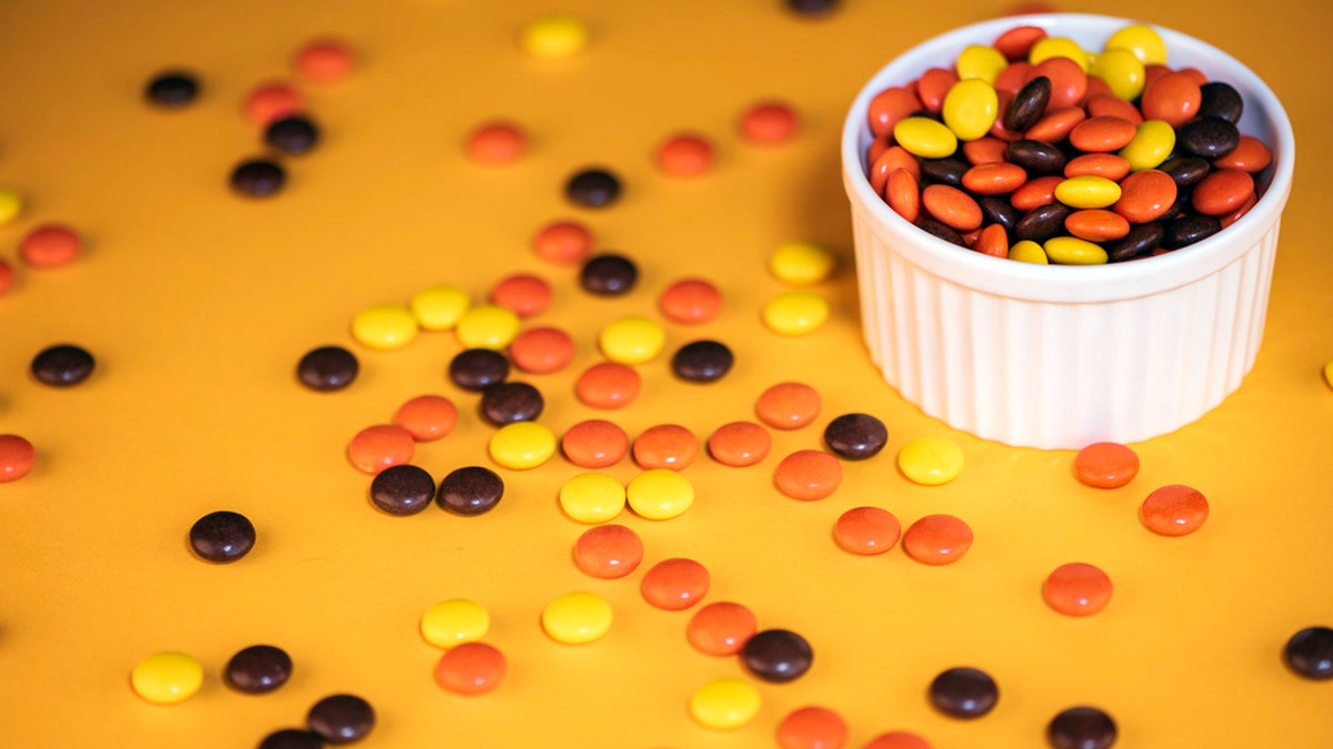 Reese's pieces in a dish