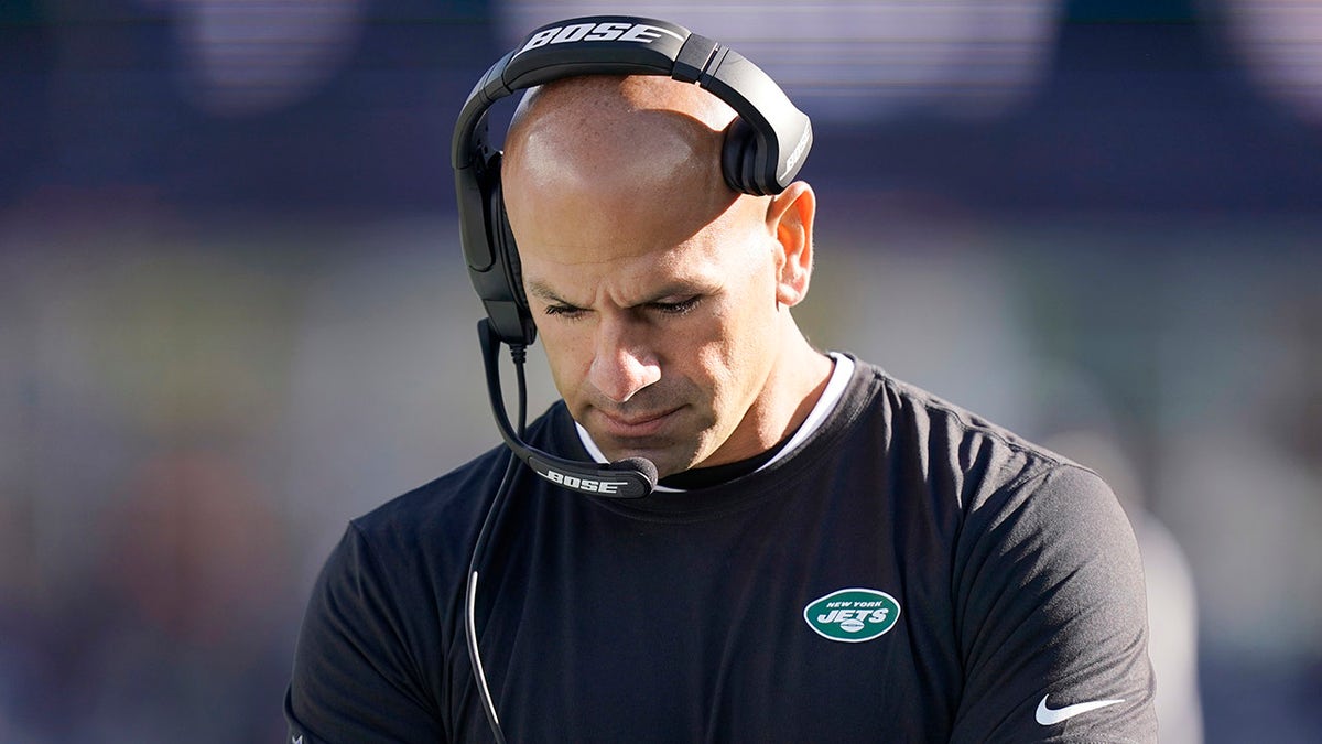 New York Jets head coach Robert Saleh walks the sidelines during the second half of an NFL football game against the New England Patriots, Sunday, Oct. 24, 2021, in Foxborough, Mass.
