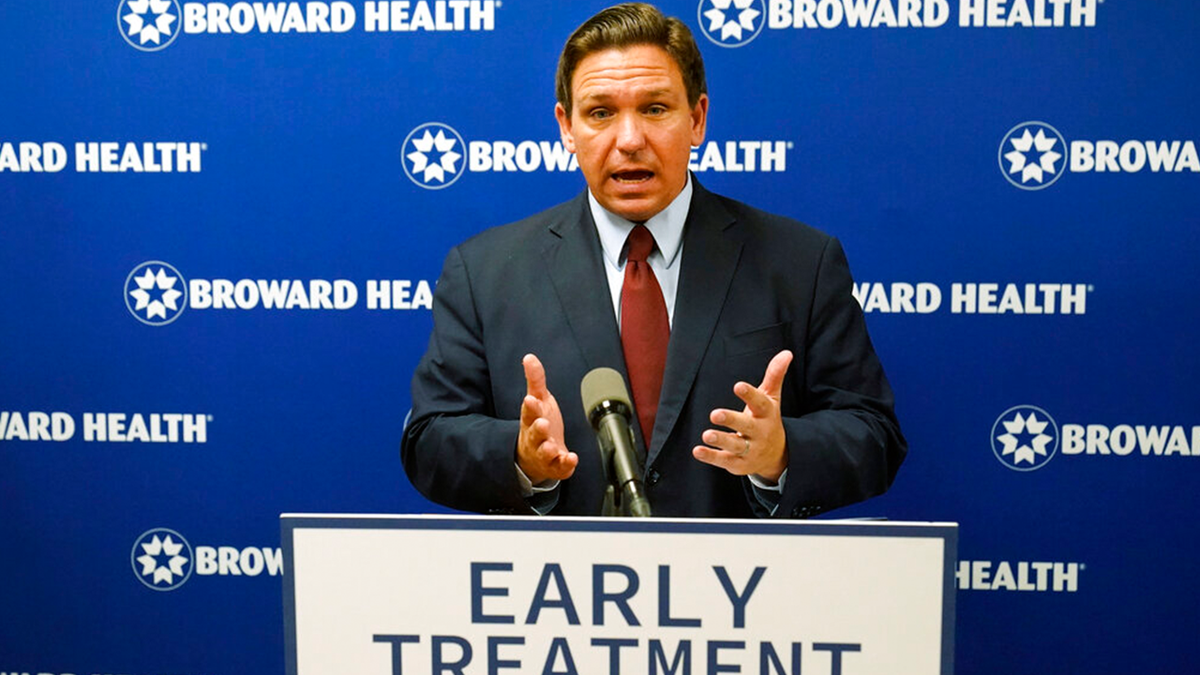 Florida Gov. Ron DeSantis speaks at a news conference, Thursday, Sept. 16, 2021, at the Broward Health Medical Center in Fort Lauderdale, Fla. The state of Florida is suing the Biden administration over its coronavirus vaccine mandate for federal contractors. The lawsuit was announced Thursday, Oct. 28, 2021 by Gov. DeSantis and opened yet another battleground between the Republican governor and the White House. 