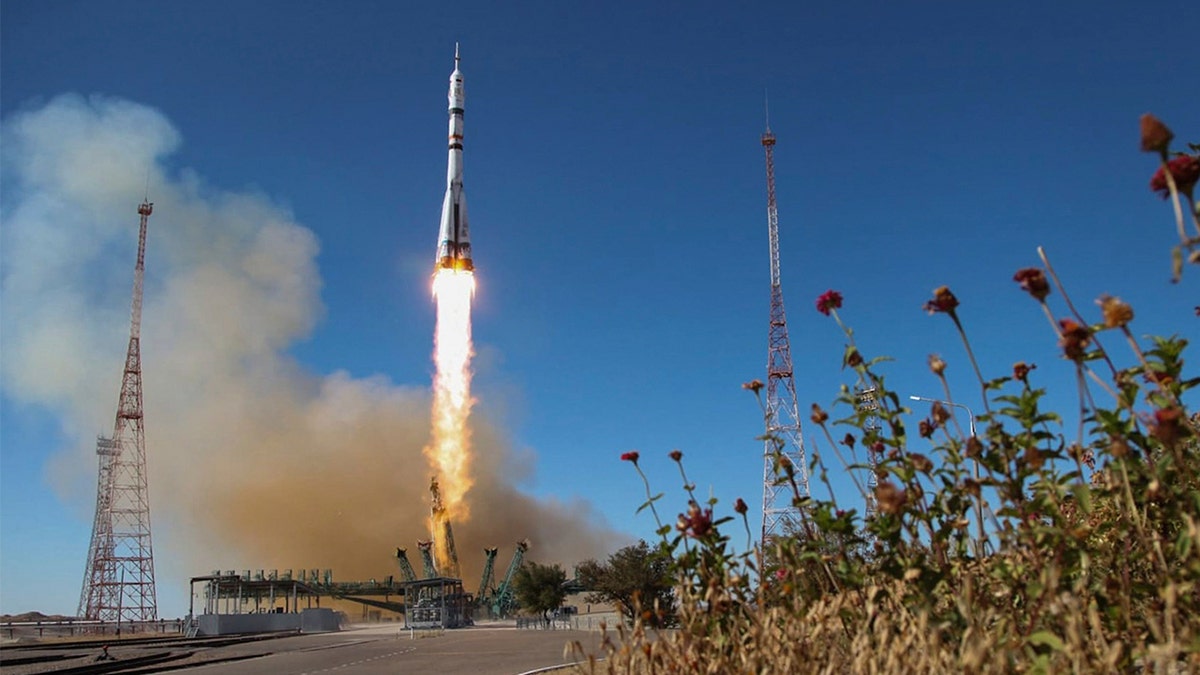 The Soyuz-2.1, a rocket booster with Soyuz MS-19 spaceship carrying actress Yulia Peresild, film director Klim Shipenko and cosmonaut Anton Shkaplerov to the International Space Station, ISS, blasts off at the Russian leased Baikonur cosmodrome, Kazakhstan, Tuesday, Oct. 5, 2021.?