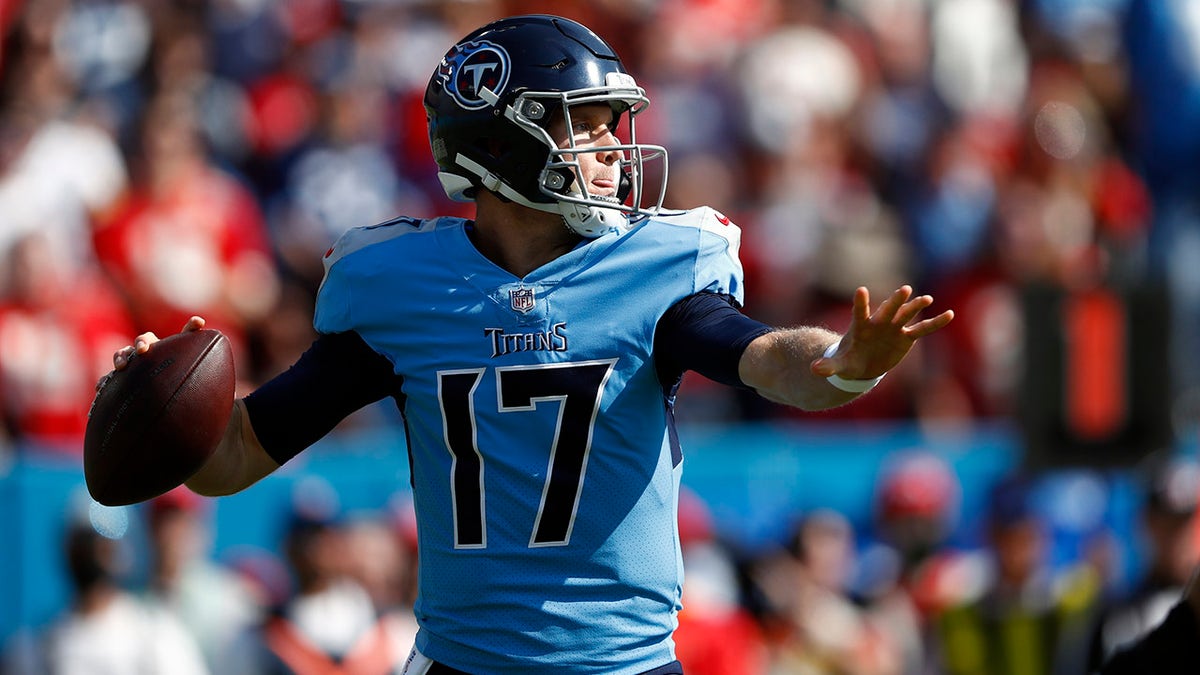 Tennessee Titans quarterback Ryan Tannehill passes against the Kansas City Chiefs in the first half of an NFL football game Sunday, Oct. 24, 2021, in Nashville, Tenn.