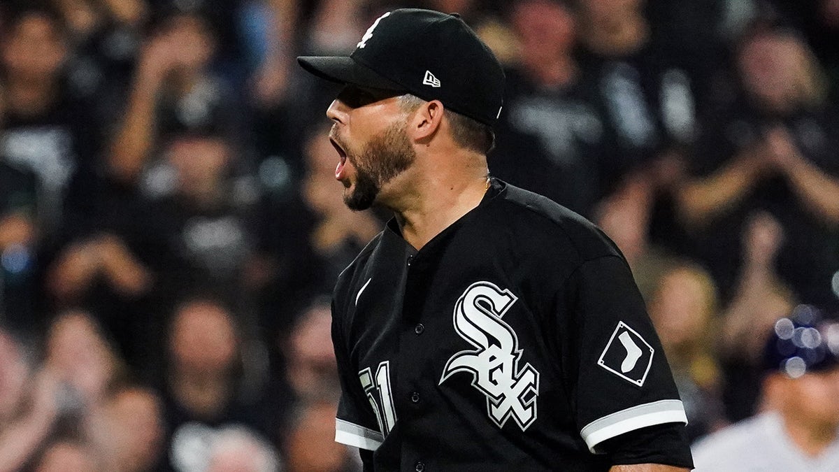Ryan Tepera of the Chicago White Sox reacts in the fifth inning during Game 3 of the ALDS between the Houston Astros and the Chicago White Sox at Guaranteed Rate Field on Sunday, Oct. 10, 2021, in Chicago, Illinois.