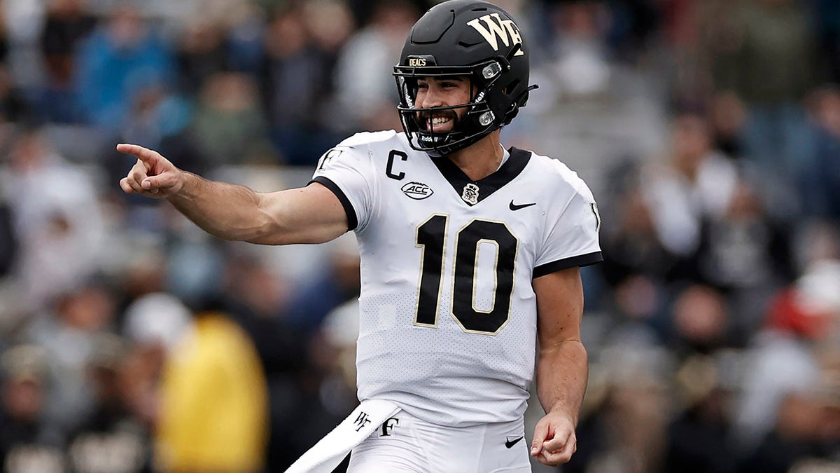 Wake Forest quarterback Sam Hartman reacts after a touchdown against Army during a game Saturday, Oct. 23, 2021, in West Point, N.Y. Wake Forest won 70-56.